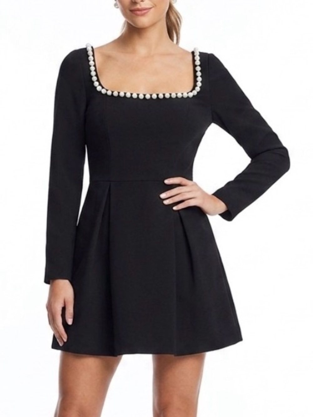 Francesca’s Audrey Parks Black Square-Neck Pearl Trim Long Sleeve Mini Dress NWT
